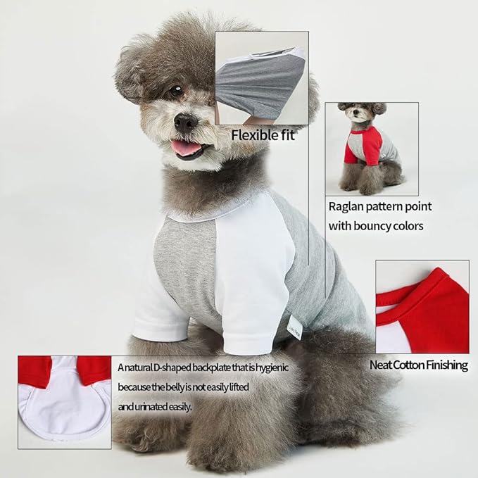 Dog Shirt for Small and Large Dogs Raglan Cotton T-Shirts Soft Breathable Dog Shirts pet Clothes Gray Series (Small, Gray/Red)