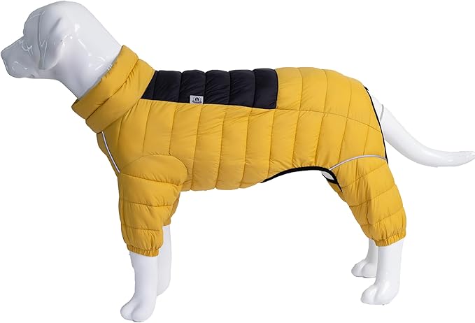 Warm Dog Coat, 4 Legs Covered Waterproof Windproof Reflective Jacket, Zippered Adjustable Outdoor Snow Vest for Small Medium Large Dogs Yellow XXXXL