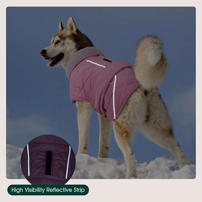 Kuoser Dog Coat, Extra Warm Dog Jacket Windproof Dogs Cold Weather Coats for Large Dogs, Fleece Lining Turtleneck Puppy Snowsuit Reflective Adjustable Pet Winter Clothes Christmas, Pink L