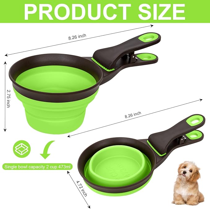 Collapsible Silicone Dog Food Scoop Foldable Pet Food Measuring Cup with Bag Clip 3 in 1 Multi-Function Silicone Dog Food Scooper (Green, Large)