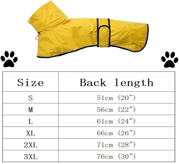 Dog Raincoat with Reflective Bar, Rain/Water Resistant, Adjustable Vest - Dog Raincoats for Greyhounds, Lurchers and Whippets - Yellow - S