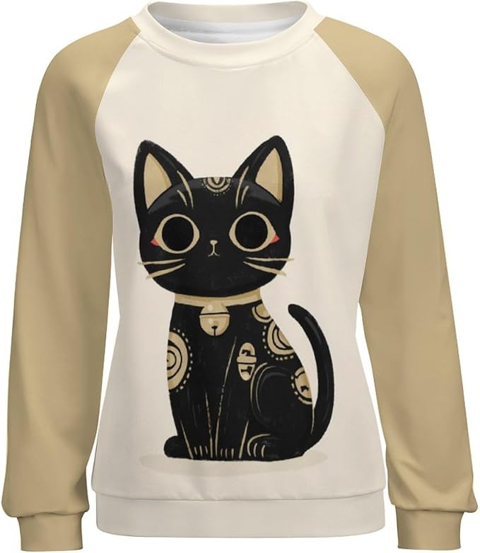 Abstract Cute Cat Shirts for Women Long Sleeve Lady Crewneck Pullover Sweatshirt Fall Winter Oversized Tops