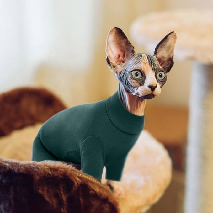 ROZKITCH Sphynx Cat Clothes, Breathable Soft Cat Jumpers for Cats Only, Coat with Four Legs, Warm Sweater T-Shirt Pajamas Jumpsuit Vest Cornish Rex Devon Rex Peterbald DarkGreen M