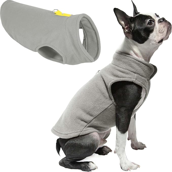 Gooby Fleece Vest - Gray-Yellow, Large - Warm Pullover Dog Jacket with O-Ring Leash