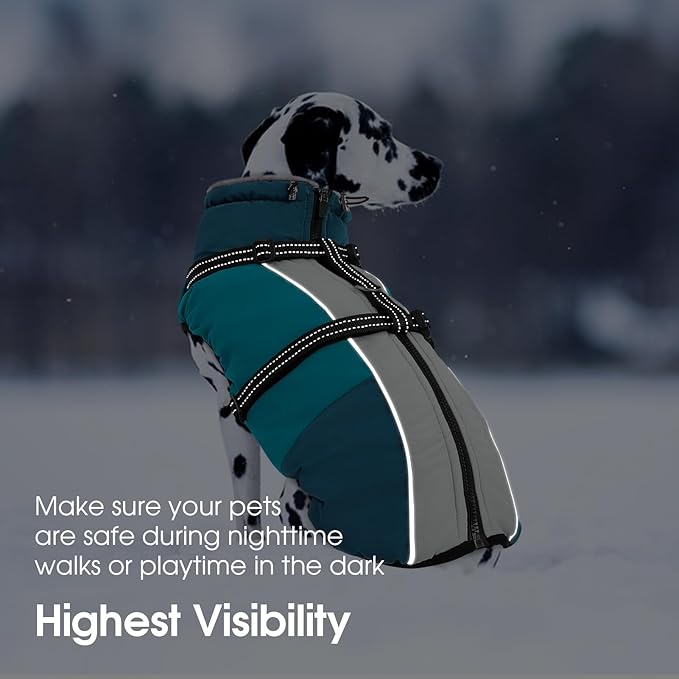 SUNFURA Large Dog Coat with Harness Built in, Warm Dog Jacket Waterproof Pet Winter Coat Snowsuit for Cold Weather, Reflective Fleece Jacket for Large Dogs, Border Collie, Turquoise XL