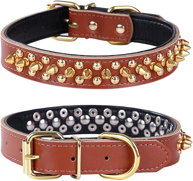 Adjustable Genuine Leather Spiked Studded Dog Collars for Small Medium Large Pets Like Pit Bull Bulldog Pugs Husky (S, Brown2)