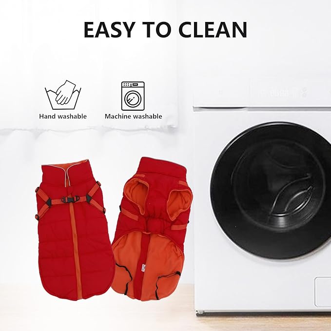 Geyecete Winter Warm Coat Waterproof Dog Winter Jacket with Harness Traction Belt,Windproof Pet Outdoor Jacket Dog Autumn-Red-M
