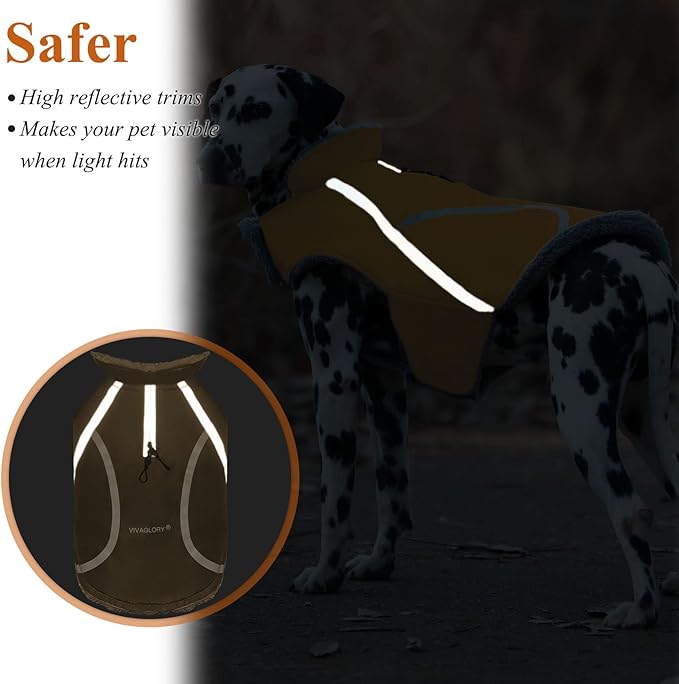 VIVAGLORY Frostfit Dog Coat, Dog Jacket for Winter & Cold Weather, Warm Fluffy Fleece Lined Water Resistant Reflective for Puppy, Coat with Velcro Fastening & Leash Hole, XL, Khaki