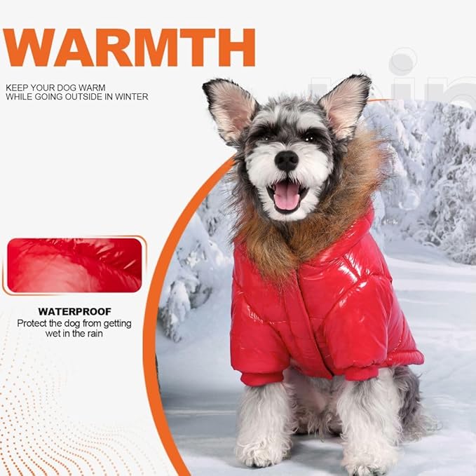 PINA Dog Winter Coat with Large Faux Fur Hood, Windproof and Warm, Suitable for Small to Large Dogs, Red, XL