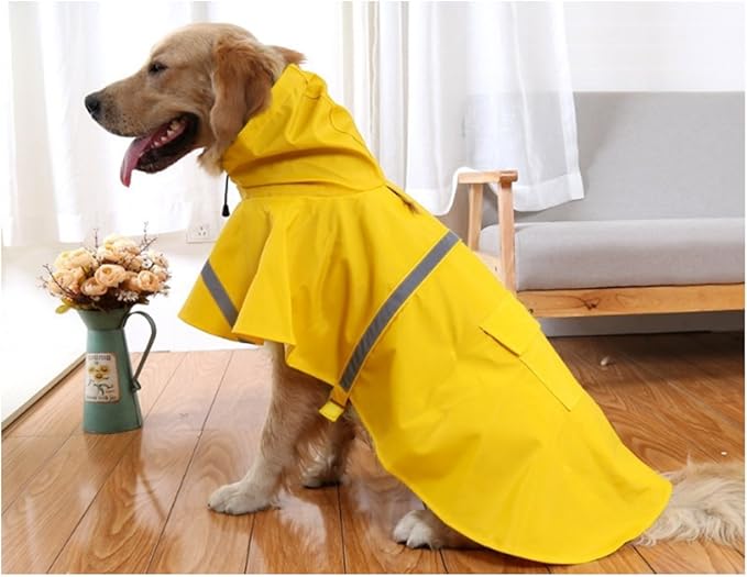 Mikayoo Large Dog Raincoat Adjustable Pet Waterproof Clothes Lightweight Rain Jacket Poncho Hoodies with Strip Reflective(Yellow,M)