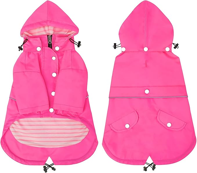 HDE Dog Raincoat Poncho Double Layer Zip Rain Jacket with Removable Hood, Leash Hole for Small to 3XL Dogs and Puppies Pink - 3XL