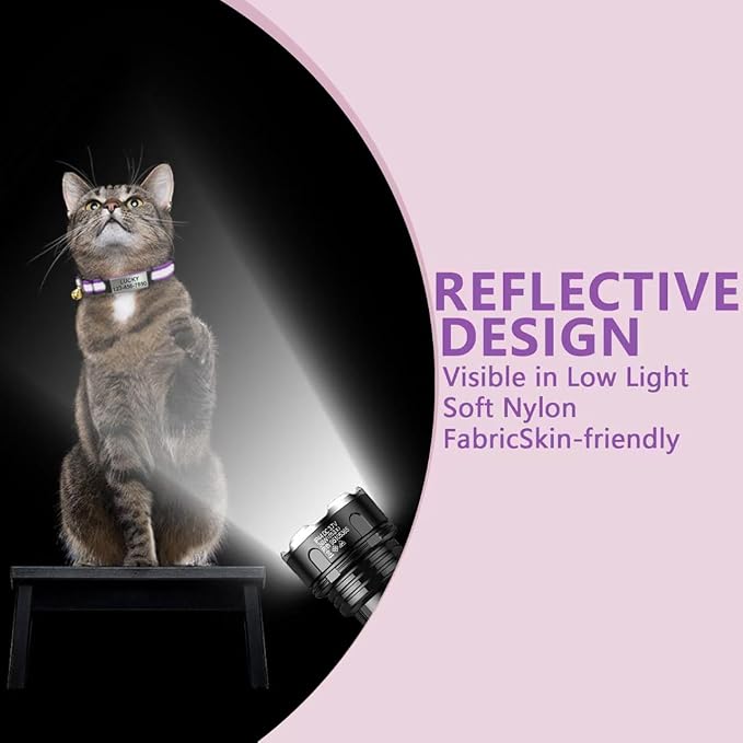Personalised Cat Collar Adjustable Reflective Nylon with Cat Pattern Breakaway, Safety Quick Release, Bell, Custom Stainless Steel Name Tag & ID Number Plate (8"-10.6", Multiple Colors)
