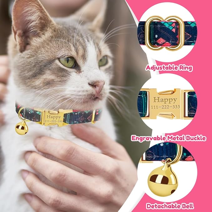 Personalized Cat Collar with Name Plate,Adjustable Tough Nylon Cat ID Collars with Bell,Customize Engraved Pet Name and Phone Number (Xmas Style)
