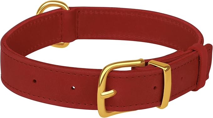 Leather Dog Collar - Heavy Duty Adjustable Soft Padded Pet Collars for Small Medium Large Dogs Breed - Black Green Brown Pink Red Blue (Red, L, 15"-19" Neck Fit)