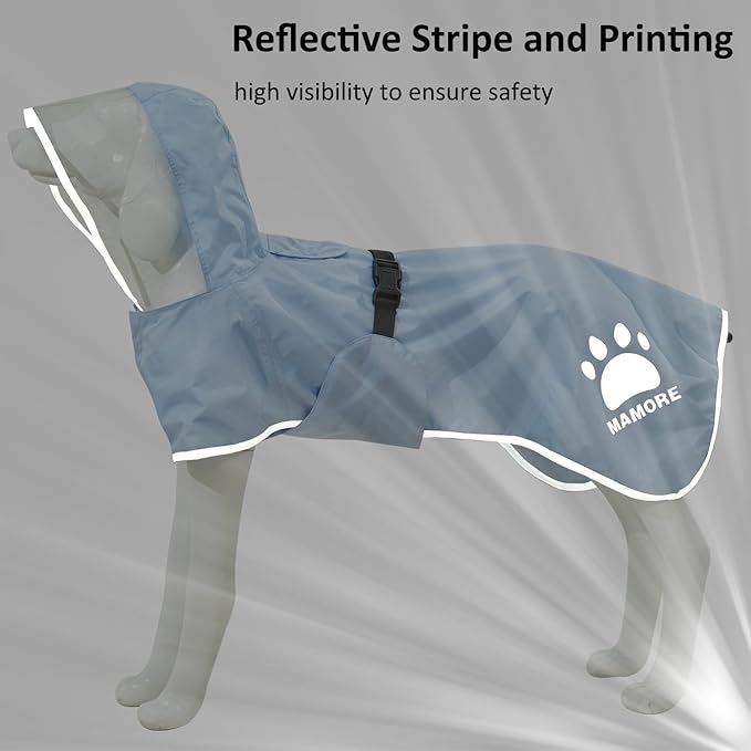MAMORE Dog Raincoat Waterproof, Lightweight Adjustable Dog Rain Coat Hooded Poncho with Reflective Strip for Large Medium Small Dogs(Light Blue, Large)
