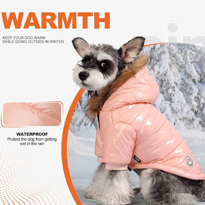 PINA Dog Winter Coat with Faux Fur Hood, Windproof and Warm, Suitable for Small to Large Dogs, Pink, XXL