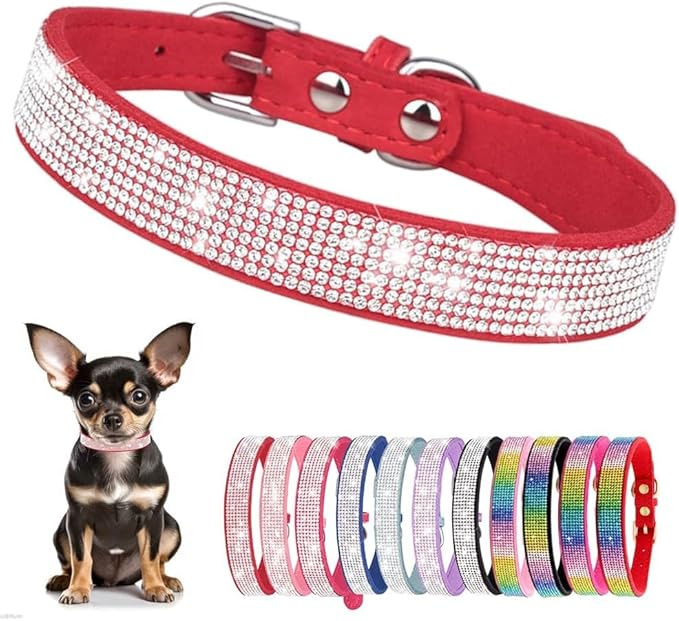 Serijoars Small Dog Collar with Rhinestone Crystal Diamond Colorful Bling Girl Puppy Cat Collars (S, Red)