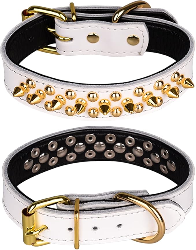 Adjustable Genuine Leather Spiked Studded Dog Collars for Small Medium Large Pets Like Pit Bull Bulldog Pugs Husky (L, White2)