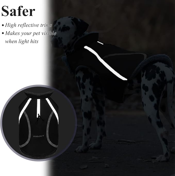 VIVAGLORY Frostfit Dog Coat, Dog Jacket for Winter & Cold Weather, Warm Fluffy Fleece Lined Water Resistant Reflective for Puppy, Coat with Velcro Fastening & Leash Hole, XL, Black