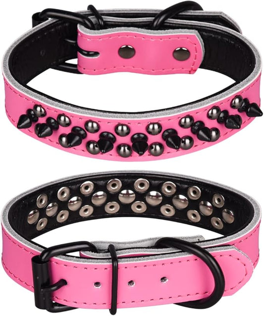 Adjustable Genuine Leather Spiked Studded Dog Collars for Small Medium Large Pets Like Pit Bull Bulldog Pugs Husky (L, Hot Pink1)