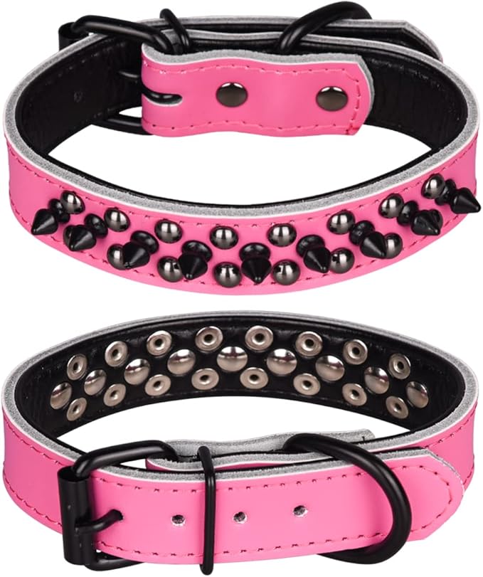Adjustable Genuine Leather Spiked Studded Dog Collars for Small Medium Large Pets Like Pit Bull Bulldog Pugs Husky (S, Hot Pink1)