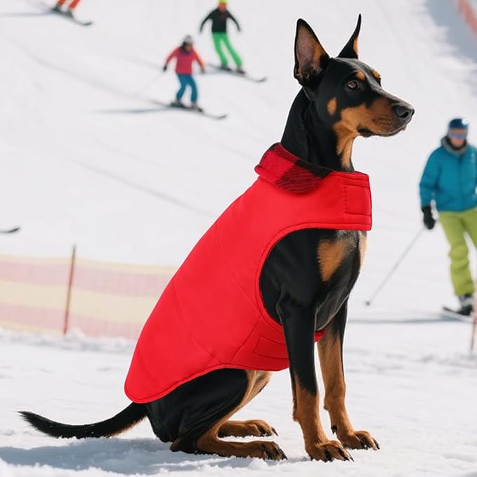 ASENKU Dog Winter Coat, Fleece Doggie Jacket Plaid Reversible Vest Waterproof Windproof Cold Weather Clothes for Small Medium Large Dogs(Red XXXL)