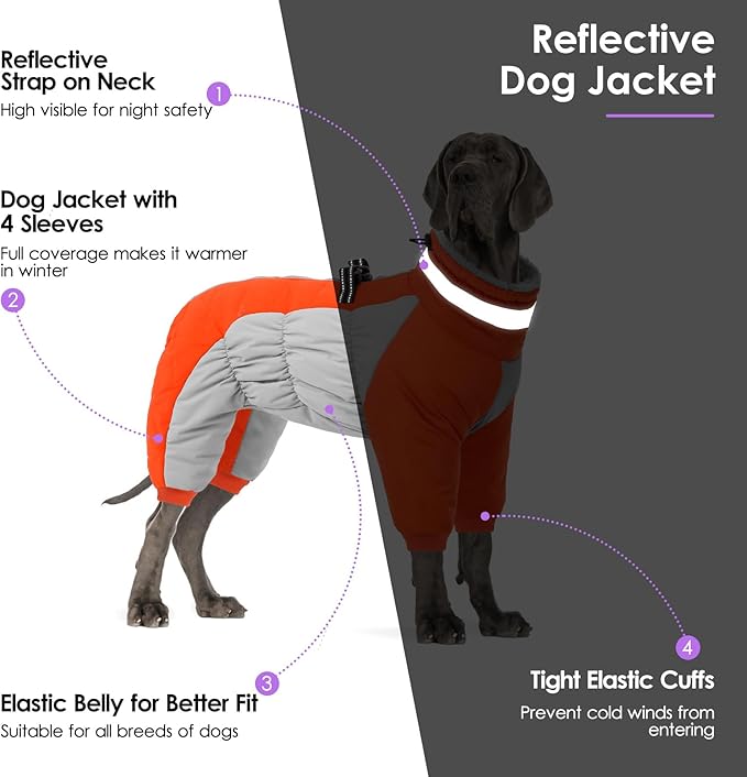 SUNFURA Full Body Dog Coat - Warm Fleece Jacket for Large Dogs, Turtleneck Winter Coats with Harness, Reflective Windproof Dog Snowsuit with Legs for Labrador,Golden Retriever, Orange 2XL