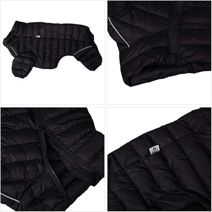 Warm Dog Coat, 4 Legs Covered Waterproof Windproof Reflective Vest, Zippered Adjustable Outdoor Snow Jacket for Small Medium Large Dogs Black M