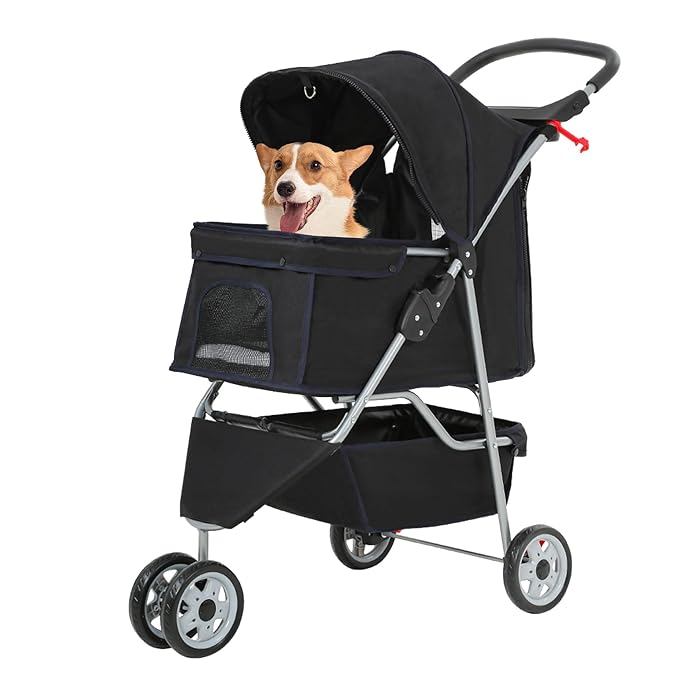 FDW Pet Stroller 3-Wheel Durable Foldable Cat Dog Stroller with Washable Liner Storage Basket Cup Holder,Black