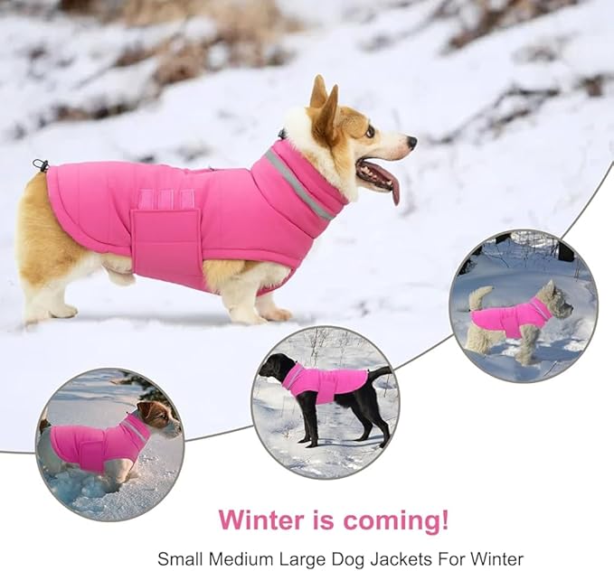 Dog Coat, Waterproof Winter Jacket, Warm Windproof Jacket, Reflective Adjustable Turtleneck Coats for Medium Dogs with Hook & Loop - Pink - M