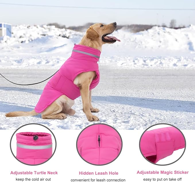 Dog Coat, Waterproof Winter Jacket, Warm Windproof Jacket, Reflective Adjustable Turtleneck Coats for Medium Dogs with Hook & Loop - Pink - M