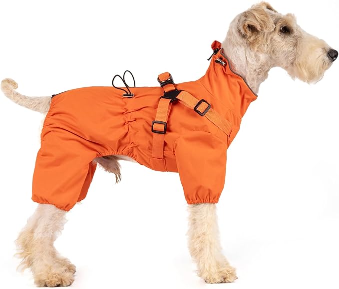 Mile High Life Waterproof Dog Raincoat, Full Coverage Small Dog Rain Coat with Harness, Adjustable 4 Legs Puppy Rain Jacket with Reflective Strip and Elastic Cuffs (Orange, XXS Back Length 9.8")