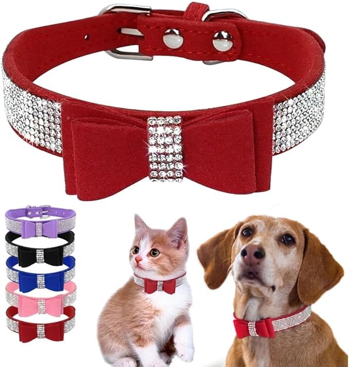 Serijoars Small Dog Collar with Rhinestone Crystal Diamond Colorful Bling Girl Puppy Cat Collars (M, Red1)