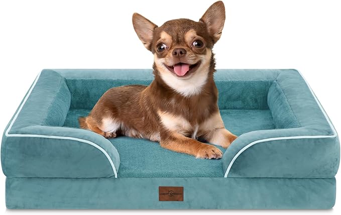 Comfort Expression Orthopedic Dog Bed for Small Dogs 24x16 Inch, Waterproof Supportive Egg Crate Foam Small Pet Bed with Removable Bolster, Dog Couch with Washable Cover & Non-Slip Bottom, Washed Blue