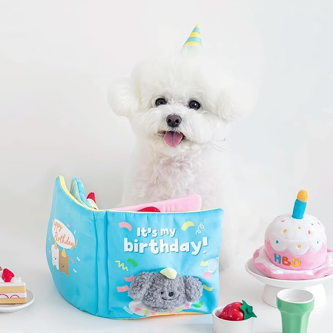 Cute Dog Birthday Toy Squeaky Snuffle Mat for Small Medium Dogs Interactive Plush Book Treat Puzzle for Puppy Crinkle Gifts (Orange)