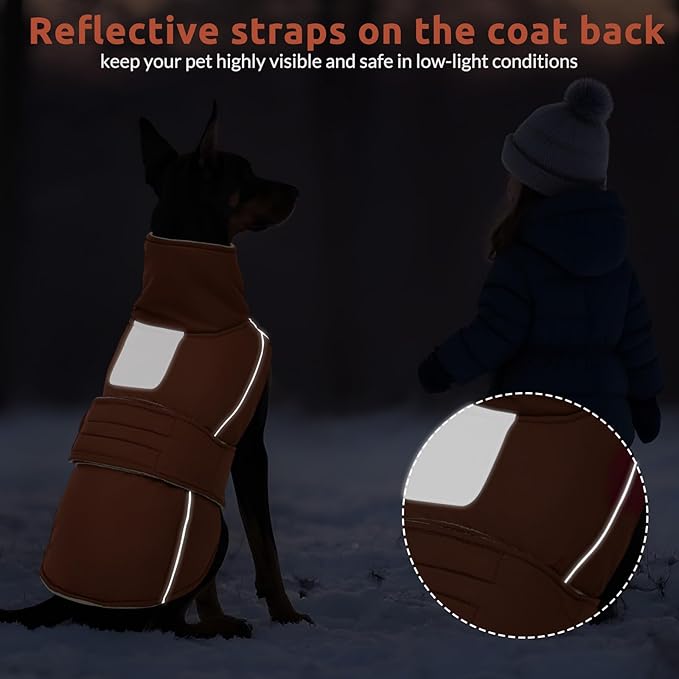 ASENKU Warm Dog Coat, Waterproof Dog Jackets for Large Dogs with Reflective Fleece Vest Turtleneck with Button,Windproof Cold Weather Coats for Small Medium Large Dogs, Red Brown, 2XL