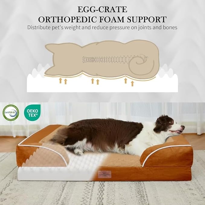 Comfort Expression Orthopedic Dog Bed for Small Dogs 20x14 Inch, Waterproof Supportive Egg Crate Foam Small Pet Bed with Removable Bolsters, Dog Couch with Washable Cover & Non-Slip Bottom, Orange