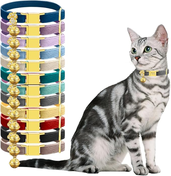 Personalized Breakaway Cat Collars - Magnetic Buckle, Bell - Safety Quick Release, Customized for Girls & Boys Cats- (Velvet-Grey)