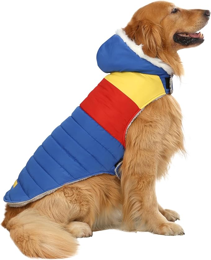 HDE Dog Puffer Jacket Fleece Lined Warm Dog Parka Winter Coat with Harness Hole 90s Colorblock - XL