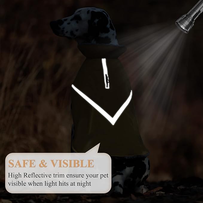 VIVAGLORY Snowrap Dog Coat, Jacket with Harness Hole & Velcro Closure, Dog Coat for Winter & Cold Weather, Fluffy Warm Fleece Lined Reflective Water Resistant for Puppy, M, Khaki