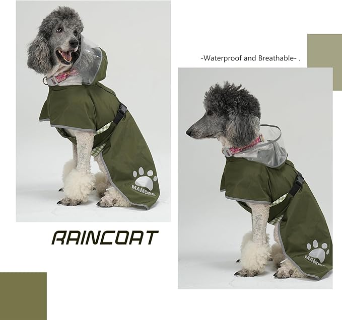 MAMORE Dog Raincoat Hooded Rain Jacket for Small Medium Large Dogs Slicker Poncho Bottom Waterproof Adjustable Reflective Breathable Leash Hole (Army Green, X-Large)