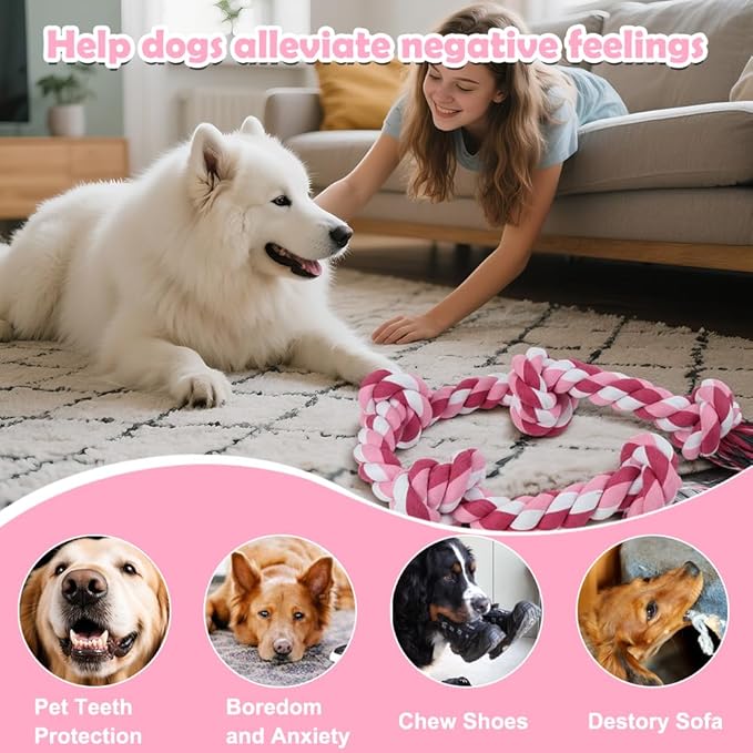 SZEE Dog Rope Toy for Large Dogs, 37 Inch 5 Knots, Large Dog Toys for Aggressive Chewers, Durable & Tough Tug of War Rope, for Teeth Cleaning & Boredom Relief (Pink)