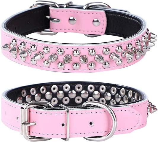 Adjustable Genuine Leather Spiked Studded Dog Collars for Small Medium Large Pets Like Pit Bull Bulldog Pugs Husky (M, Pink)