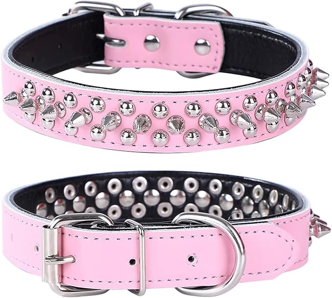 Adjustable Genuine Leather Spiked Studded Dog Collars for Small Medium Large Pets Like Pit Bull Bulldog Pugs Husky (S, Pink)