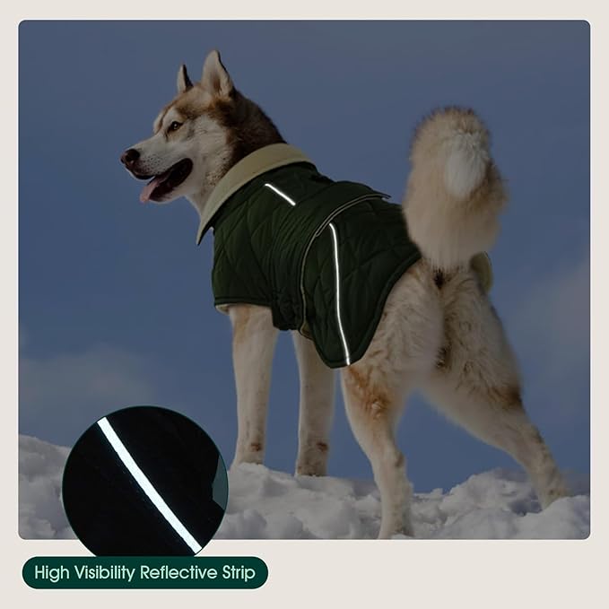 Kuoser Extra Warm Dog Jacket, Windproof Fleece Lined Turtleneck Snowsuit for Dogs, Easy On/Off Dog Coats for Medium Large Dogs, Quilted Cold Weather Pet Winter Coat Thermal Clothes, Green L