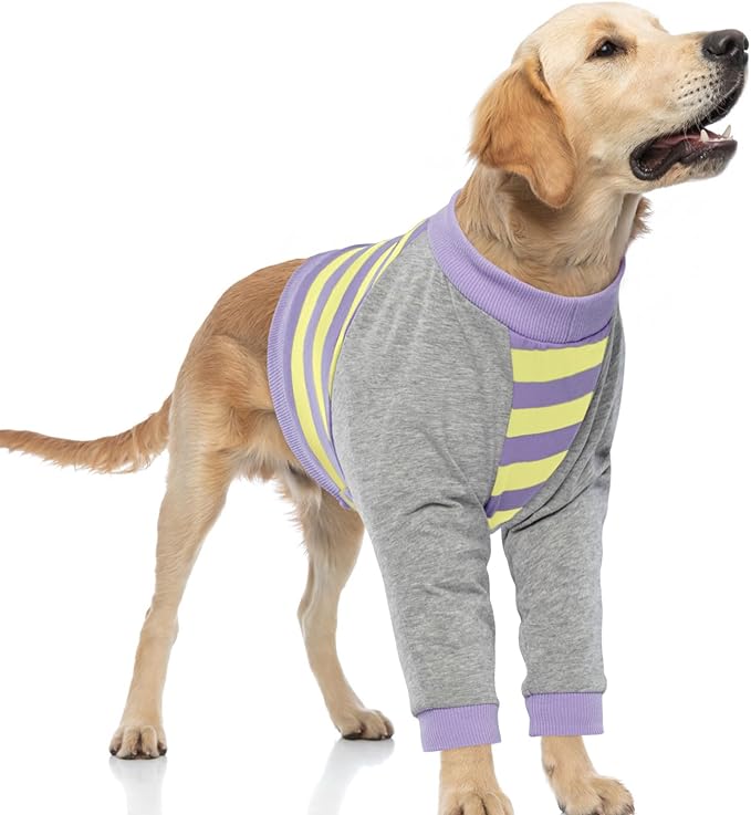 FUAMEY Dog Recovery Sleeve with Elbow Protector,Dogs Shirt Stop Licking Joints,Pet Long Sleeve Suit Protecting Dog's Front Leg Arm Wounds Cover Skin Conditions Purple Stripes L