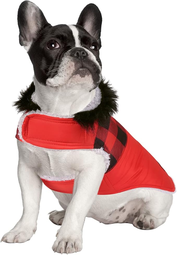 HDE Dog Puffer Jacket Fleece Lined Warm Dog Parka Winter Coat with Harness Hole Buffalo Plaid - M