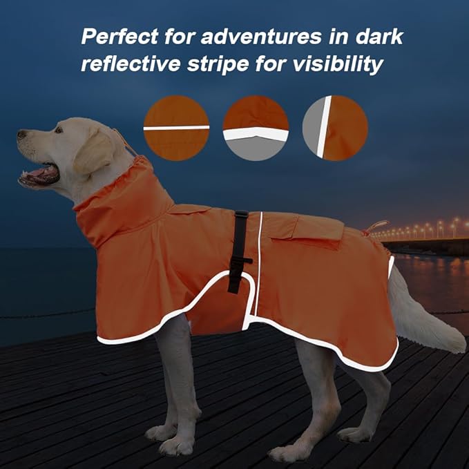 Reflective Dog Raincoat Waterproof Adjustable Dog Hooded Poncho Raincoat for Medium Large Dogs, Lightweight Pet Rain Jacket (Orange, XL)