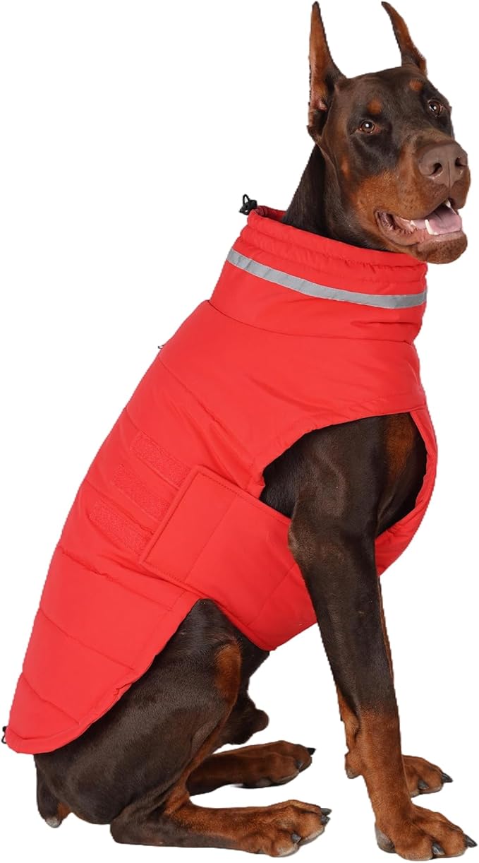 Dog Coat, Waterproof Winter Jacket, Warm Windproof Vest, Reflective Adjustable Turtleneck Coats for Large Dogs with Hook & Loop - Red - XL