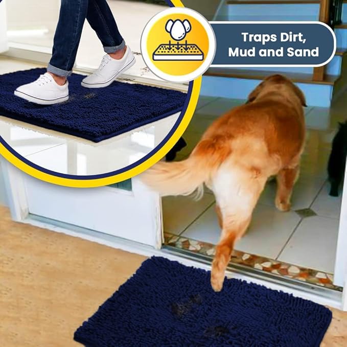 Muddy Mat® AS-SEEN-ON-TV Highly Absorbent Microfiber Dog Door Mat and Pet Rug, Non Slip Thick Washable Area and Bath Mat Soft Chenille for Kitchen Bathroom Bedroom and Indoor - Navy Blue XXL 60"X48"